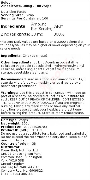 Zinc Citrate, 30mg - 100 vcaps